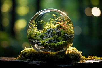 A globe resting on moss in a forest, symbolizing environmental conservation and the concept of preserving the Earth's natural resources. Generative Ai.