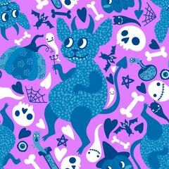 Cartoon Halloween monsters seamless devils and pumpkins and ghost animals skulls pattern for wrapping paper