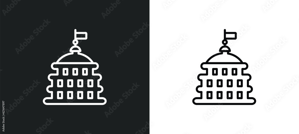 Poster goverment building outline icon in white and black colors. goverment building flat vector icon from 