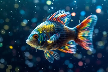 Fototapeta premium A close-up photograph of a fish swimming through a cloud of microplastics, illustrating the pervasive nature of plastic pollution in our oceans. Generative Ai