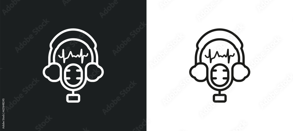 Poster microphone outline icon in white and black colors. microphone flat vector icon from blogger and infl