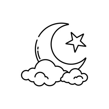 crescent moon and stars icon over white background, line style, vector illustration
