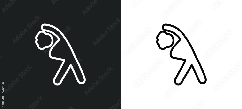 Poster man warming up outline icon in white and black colors. man warming up flat vector icon from behavior