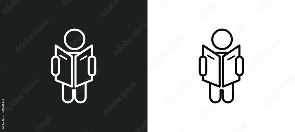 Poster stick man reading outline icon in white and black colors. stick man reading flat vector icon from be