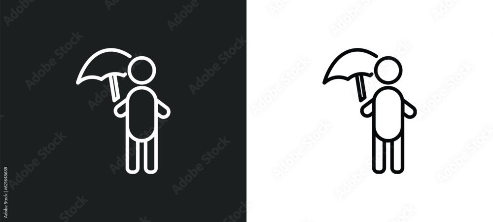 Poster stick man with umbrella outline icon in white and black colors. stick man with umbrella flat vector 
