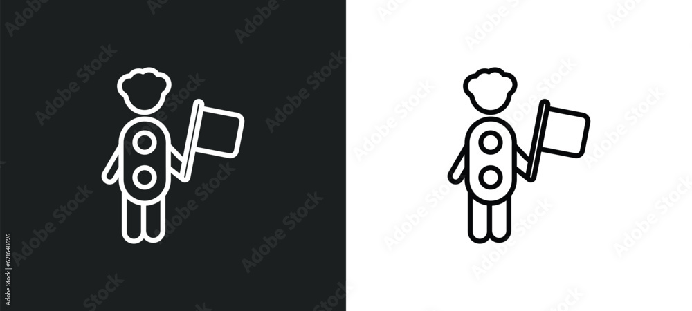 Poster man with flag outline icon in white and black colors. man with flag flat vector icon from behavior c