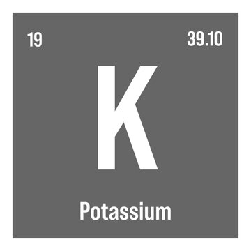 Potassium, K, periodic table element with name, symbol, atomic number and weight. Alkali metal with various industrial uses, such as in fertilizer, soap, and as a medication for certain medical