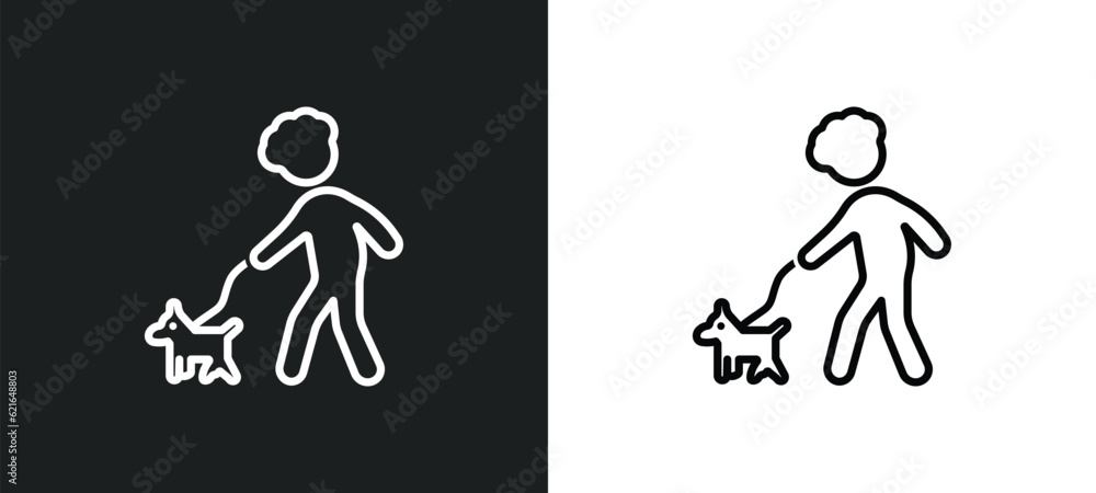 Poster walking the dog outline icon in white and black colors. walking the dog flat vector icon from behavi