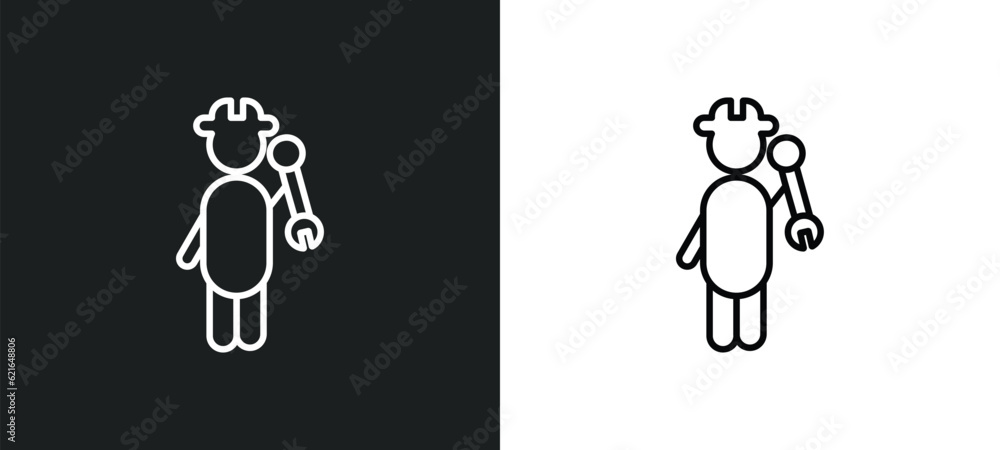 Poster man with tool outline icon in white and black colors. man with tool flat vector icon from behavior c