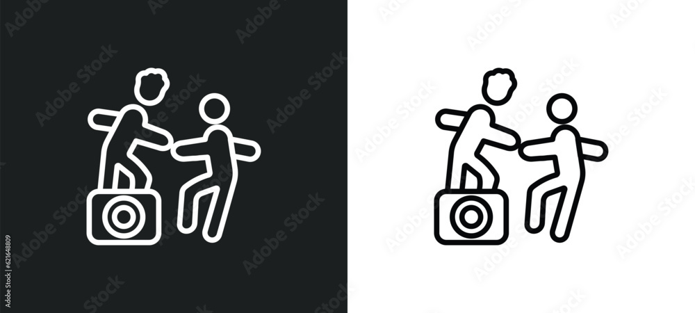 Poster helping a man to climb outline icon in white and black colors. helping a man to climb flat vector ic