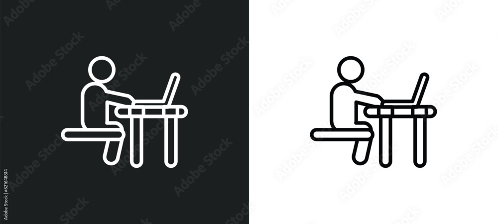 Poster man working at desk outline icon in white and black colors. man working at desk flat vector icon fro