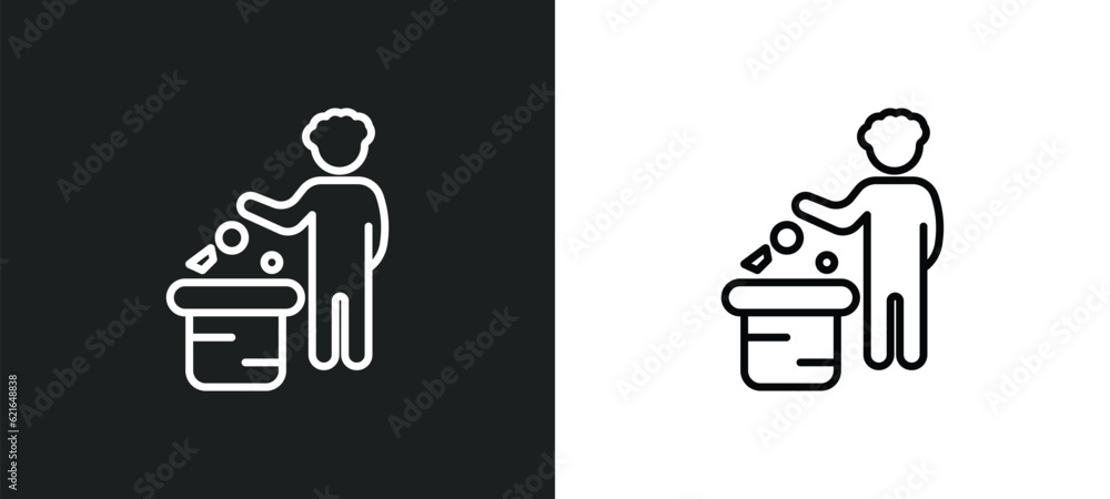 Poster throwing trash outline icon in white and black colors. throwing trash flat vector icon from behavior