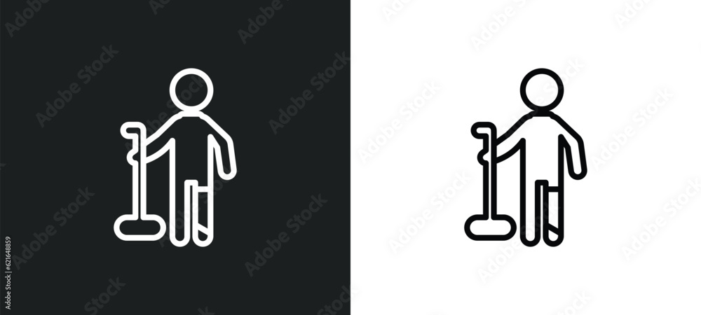 Poster man with broken leg outline icon in white and black colors. man with broken leg flat vector icon fro