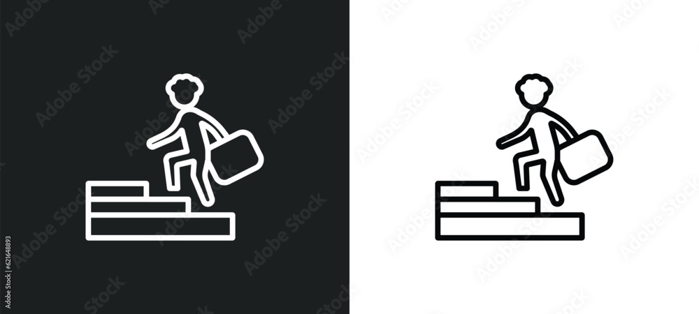 Poster man climbing outline icon in white and black colors. man climbing flat vector icon from behavior col