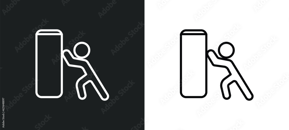 Poster man pushing outline icon in white and black colors. man pushing flat vector icon from behavior colle