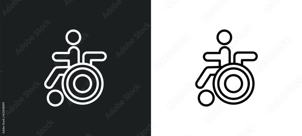 Poster man on wheelchair outline icon in white and black colors. man on wheelchair flat vector icon from be