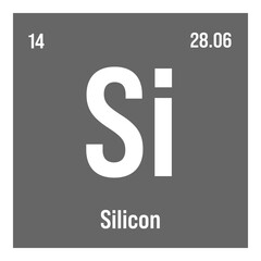 Silicon, Si, periodic table element with name, symbol, atomic number and weight. Non-metal with various industrial uses, such as in electronics, construction, and as a component in certain types of