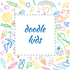 Children's doodle background. Square frame from kids colorful drawings. Template with outline drawn cartoon elements