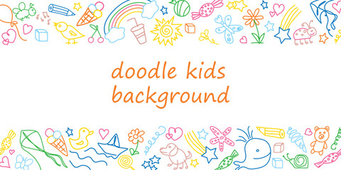 Kids doodle background. Border template with children's colorful drawings. Horizontal Frame from outline drawn cartoon elements