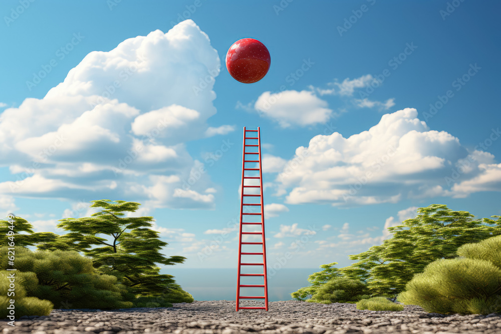 Poster highlights a long red ladder leading to a goal target, symbolizing progress and success in a busines