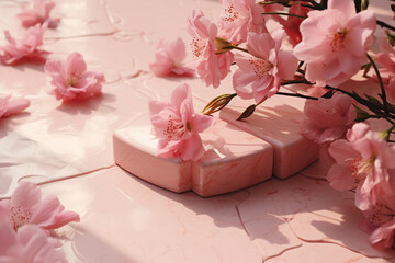 Generative ai: Pink flowers on pastel pink pastel background