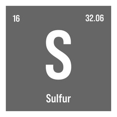 Sulfur, S, periodic table element with name, symbol, atomic number and weight. Non-metal with various industrial uses, such as in fertilizer, certain types of medication, and as a component of certain