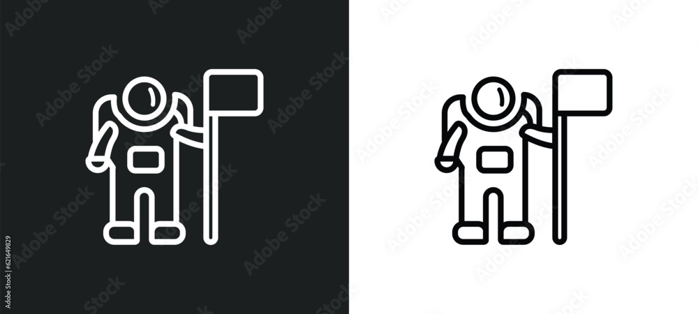 Poster astronaut and flag outline icon in white and black colors. astronaut and flag flat vector icon from 