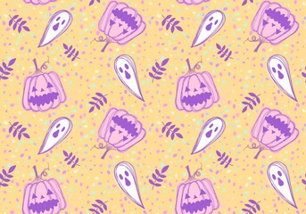 Autumn cartoon harvest vegetable seamless Halloween pumpkins and ghost pattern for wrapping paper and fabrics