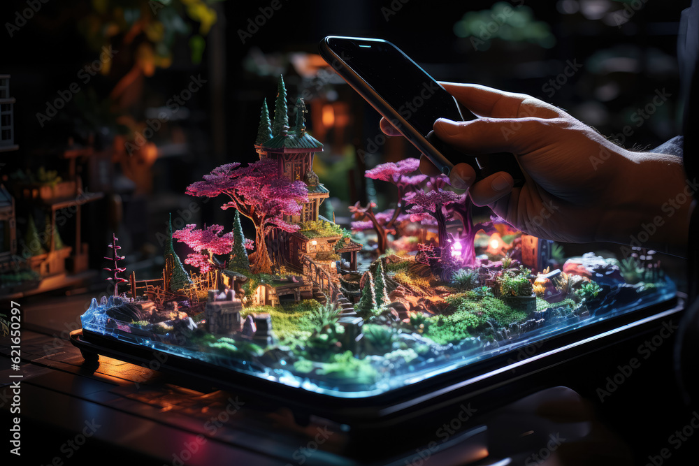 Poster a person using a smartphone to view augmented reality content, demonstrating the blending of virtual