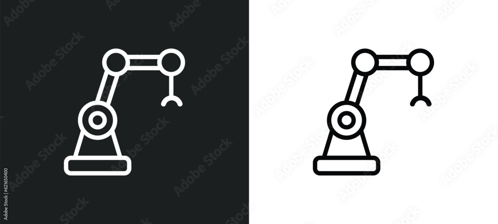 Poster mechanical arm outline icon in white and black colors. mechanical arm flat vector icon from artifici
