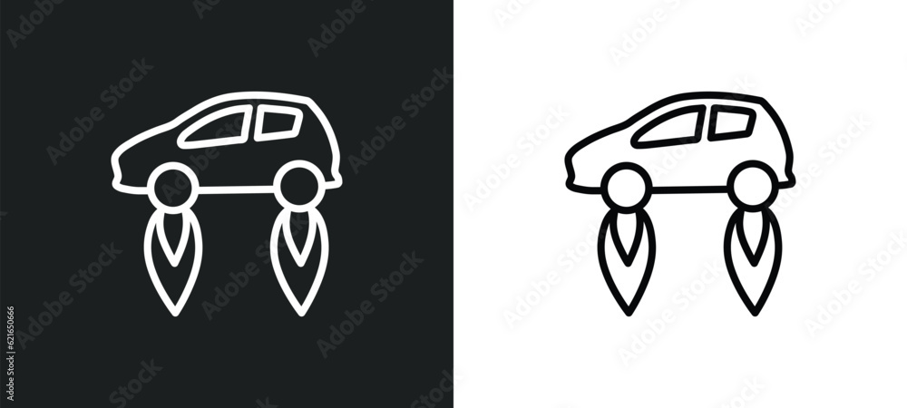 Poster fyling vehicle outline icon in white and black colors. fyling vehicle flat vector icon from artifici