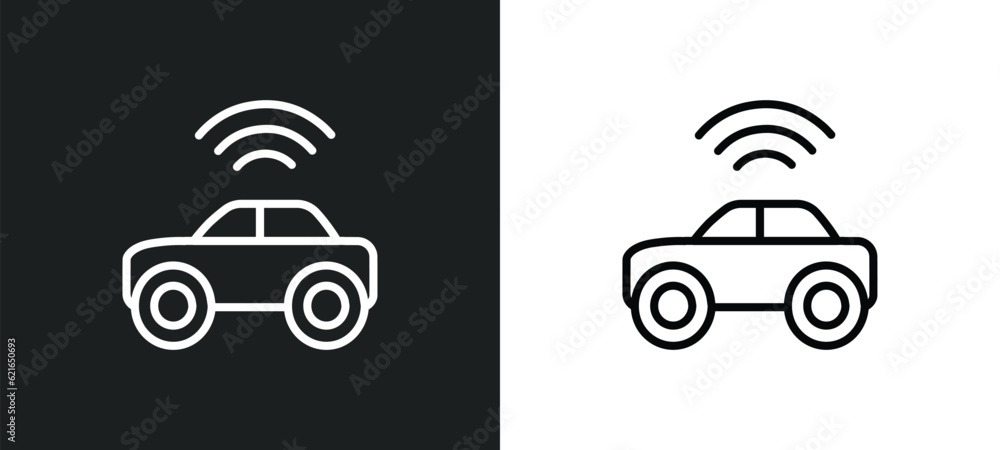 Poster driverless autonomous car outline icon in white and black colors. driverless autonomous car flat vec