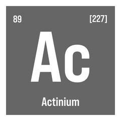 Actinium, Ac, periodic table element with name, symbol, atomic number and weight. Radioactive element with potential uses in cancer treatment and as a neutron source for scientific research.