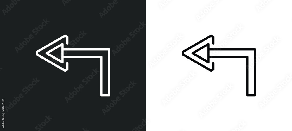 Poster turn left outline icon in white and black colors. turn left flat vector icon from arrows collection 