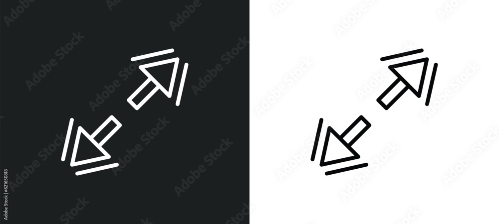 Poster diagonal arrow outline icon in white and black colors. diagonal arrow flat vector icon from arrows c