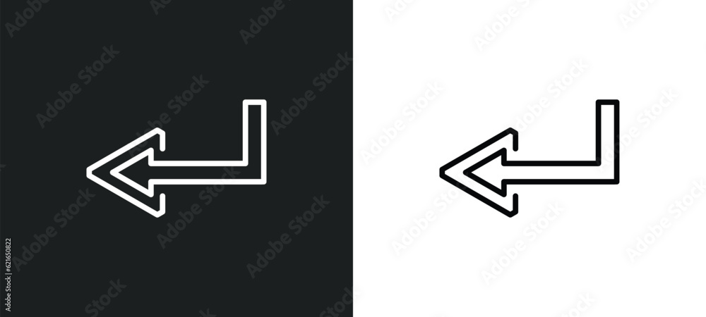 Poster curved down left arrow outline icon in white and black colors. curved down left arrow flat vector ic