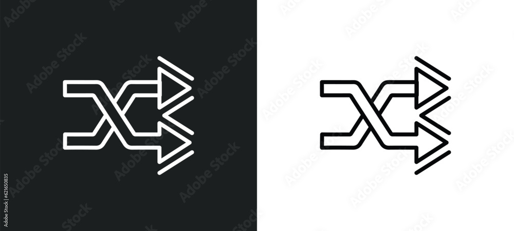 Poster shuffle arrows outline icon in white and black colors. shuffle arrows flat vector icon from arrows c