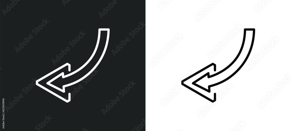 Poster curved left arrow outline icon in white and black colors. curved left arrow flat vector icon from ar