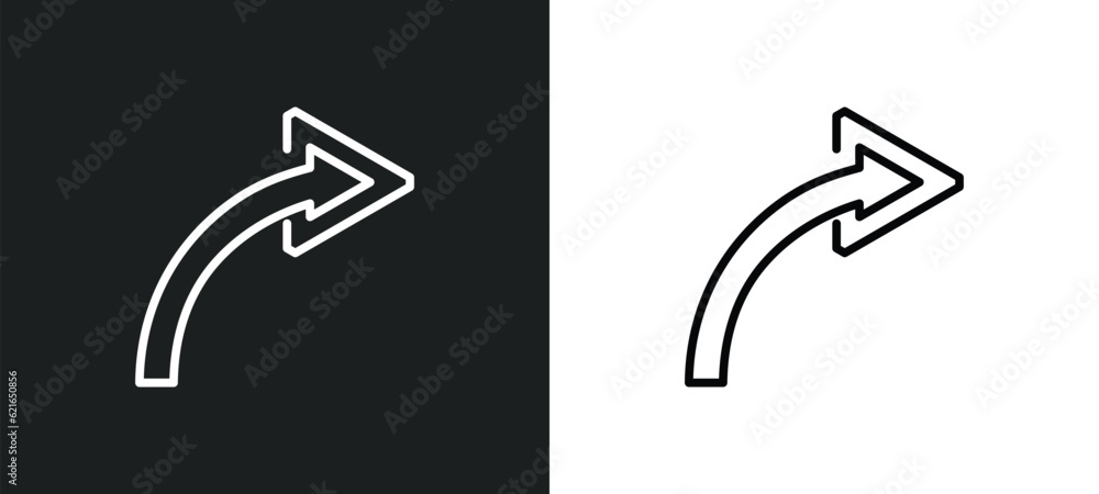 Poster right arrow curved outline icon in white and black colors. right arrow curved flat vector icon from 