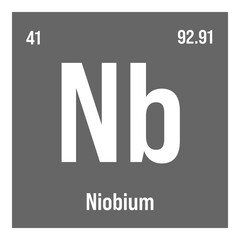 Niobium, Nb, periodic table element with name, symbol, atomic number and weight. Transition metal with various industrial uses, such as in steel production, superconductors, and as a component of