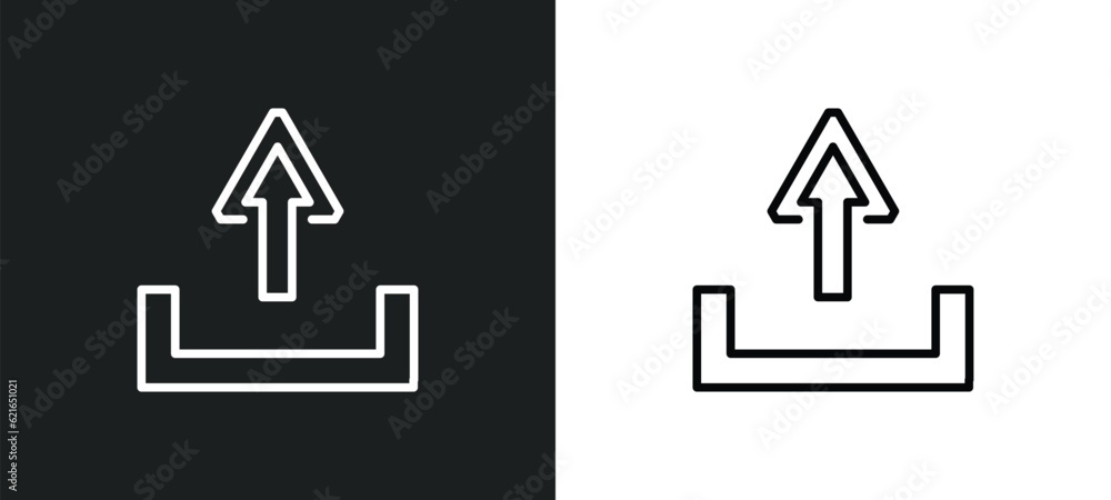 Poster upload outline icon in white and black colors. upload flat vector icon from arrows collection for we