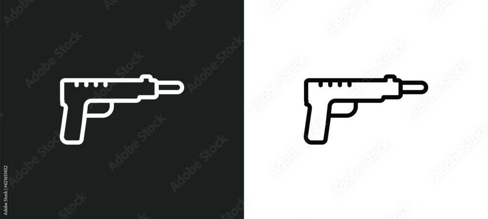 Poster gun shooting outline icon in white and black colors. gun shooting flat vector icon from army collect