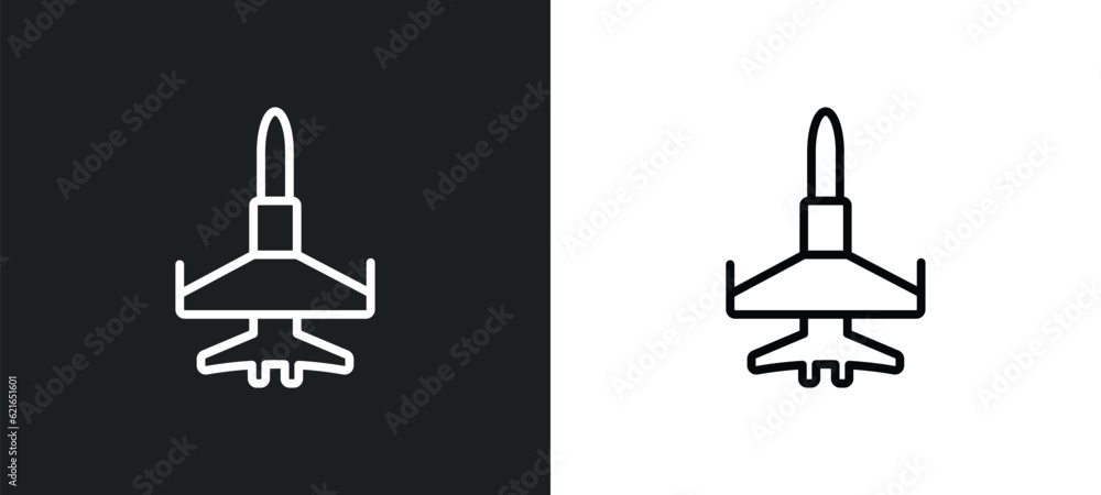 Poster fighter plane outline icon in white and black colors. fighter plane flat vector icon from army colle