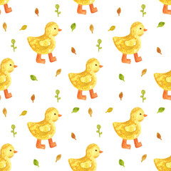 Small yellow ducks with orange paws. Multi Colored leaves on a white background. Animals on the farm. Children's drawing, watercolor illustration. Seamless pattern design. Print for nursery, textile.
