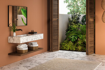 Modern contemporary style bathroom with tropical style yard view 3d render,There are marble floor and green and orange wall decorated with marble basin counter and black framed mirror