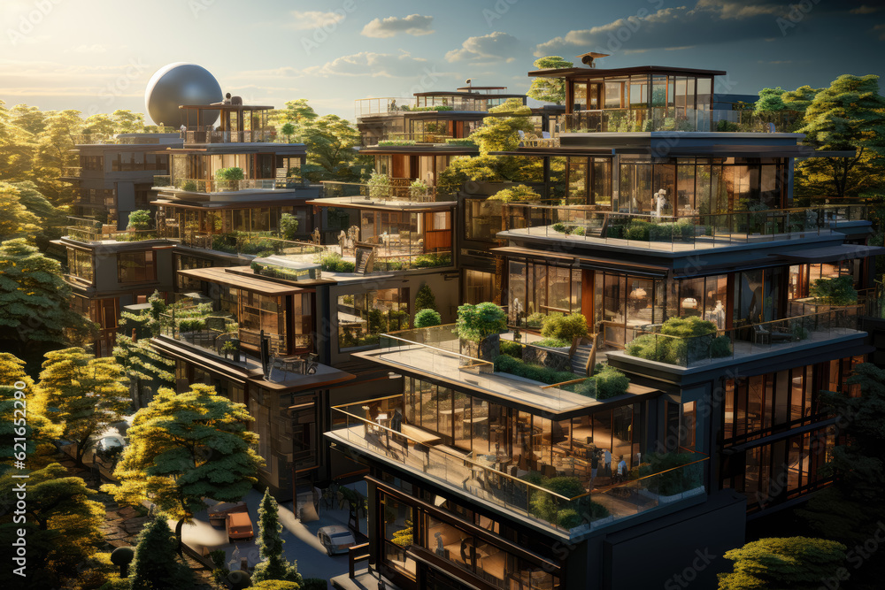Poster sustainable architecture and energy-efficient building design. generative ai.