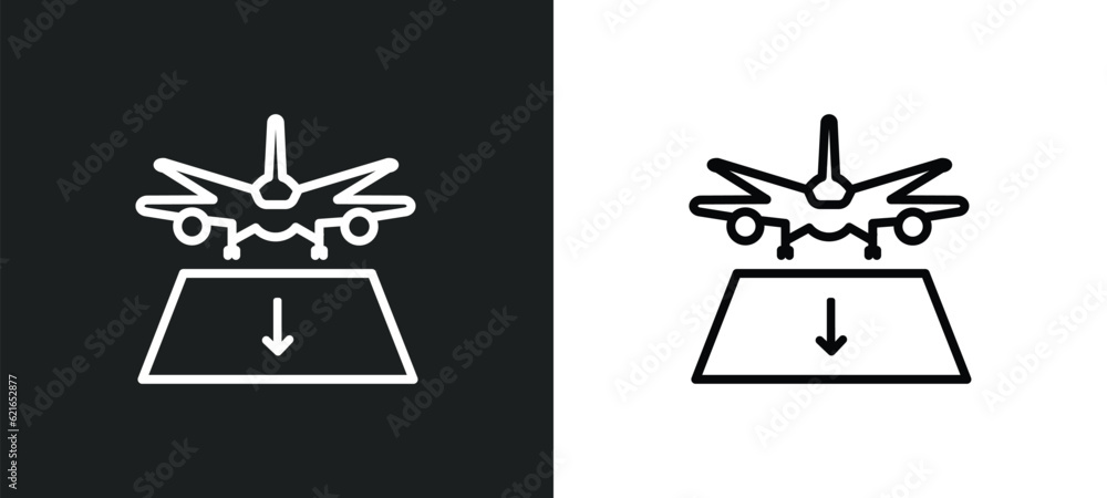 Poster plane landing outline icon in white and black colors. plane landing flat vector icon from airport te