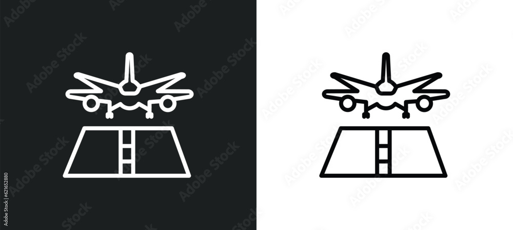 Poster landing runway outline icon in white and black colors. landing runway flat vector icon from airport 