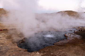 Exploring the fascinating geothermic fields of El Tatio with its steaming geysers and hot pools high up in the Atacama desert in Chile, South America