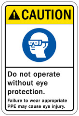 Wear eye protection warning sign and labels do not operate without eye protection. Failure to wear appropriate PPE may cause eye injury.